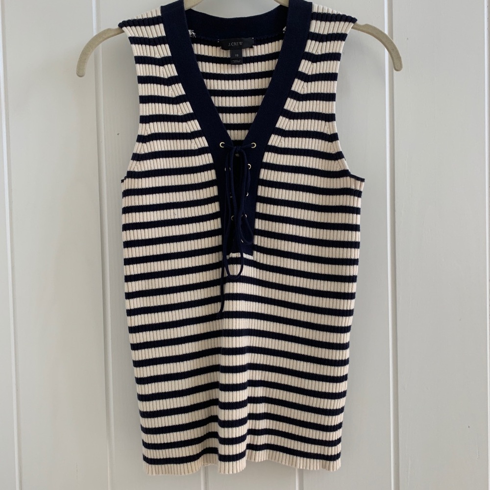 J. Crew Navy & Cream Ribbed Lace-Up Tank Top - XS